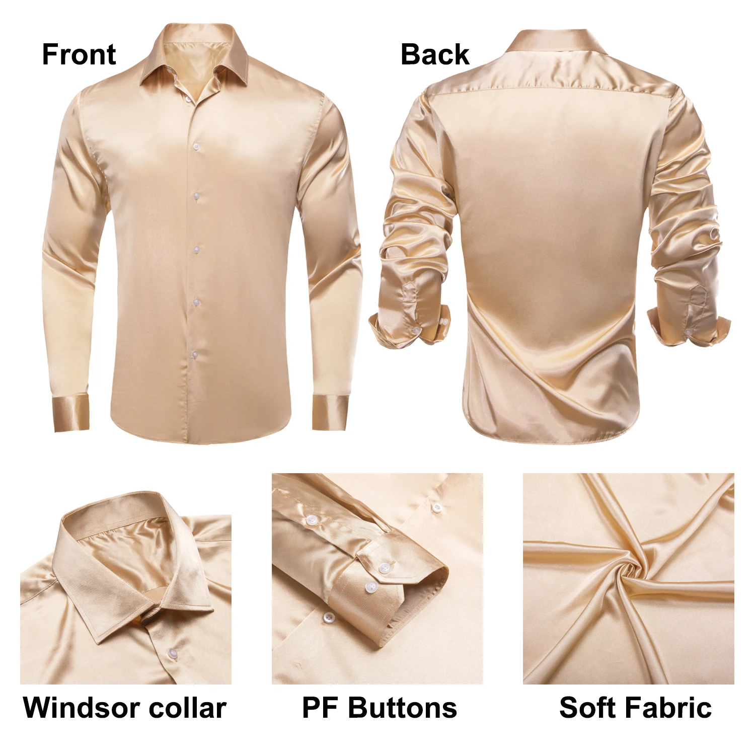 S66d1d8e56c0c489fae679d340bc4867bC Hi-Tie Plain Satin Silk Men's Dress Shirts Long Sleeve Suit Shirt Casual Formal Blouse Pure Solid Rose Gold Peach Pink Mint White Mallzona