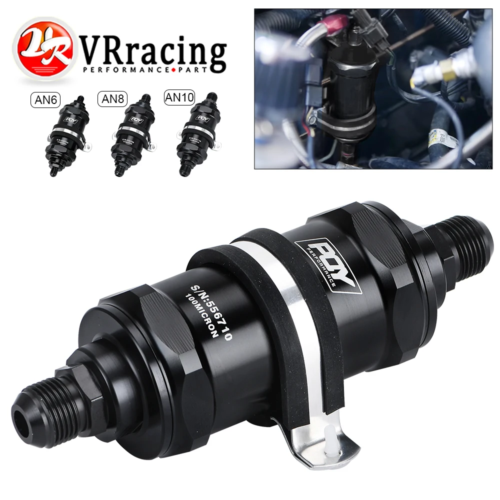 VR-PQY BLACK AN6 / AN8 / AN10 Inline Fuel Filter E85 Ethanol With 100 Micron Stainless steel element and PQY sticker