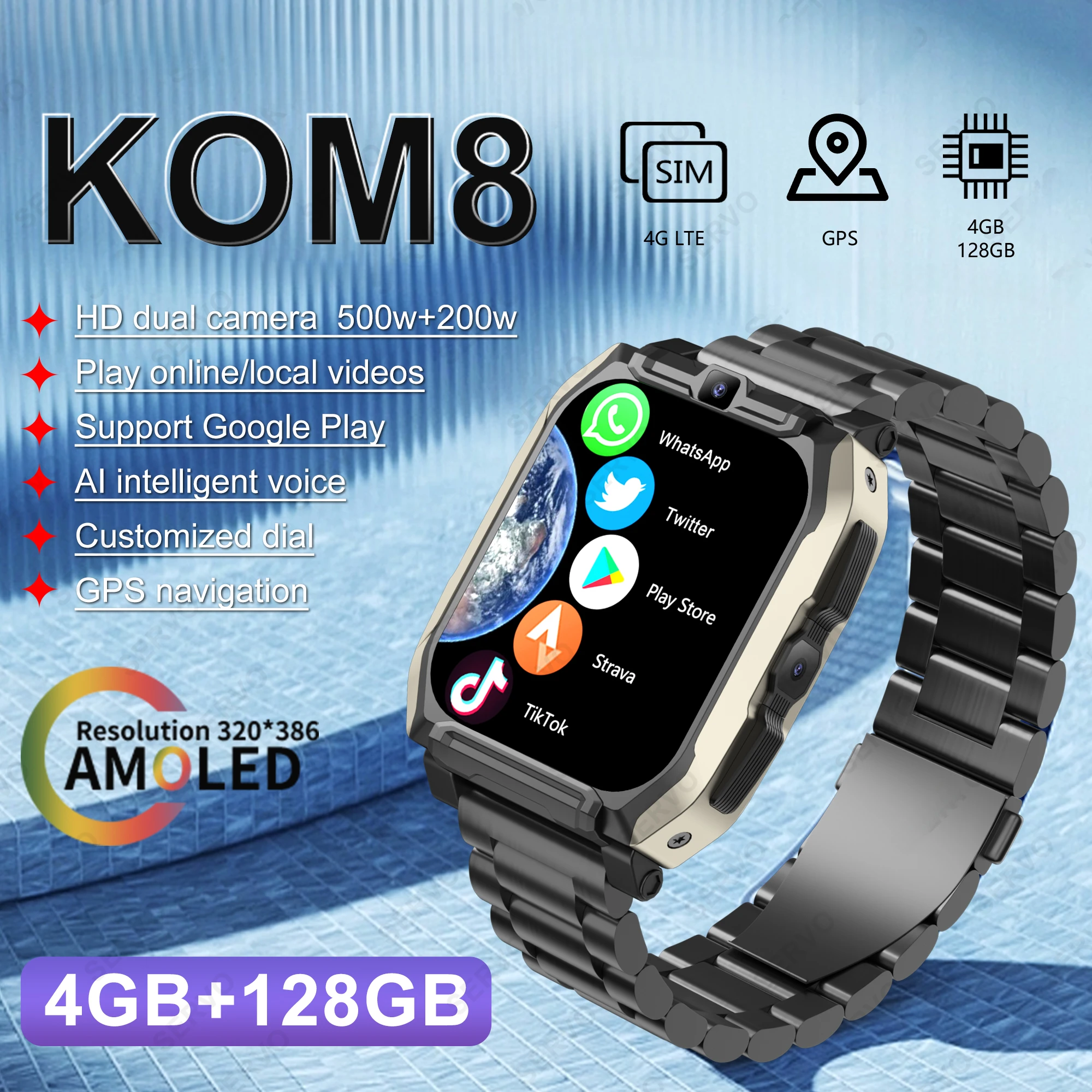 

Смарт-часы 2023 дюйма, 4 Гб + 128 Гб, поддержка SIM-карты KOM8, Android, HD-камера для мужчин и женщин, Wi-Fi, GPS, Google Play, поиск звонков, музыка, распознавание лица