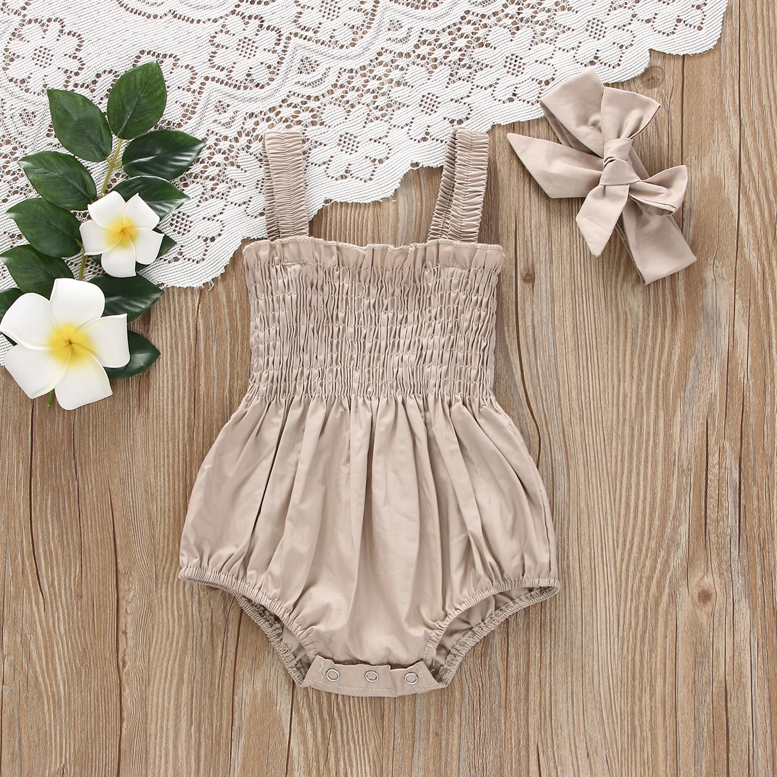 Citgeett Summer Infant Baby Girls Jumpsuit Outfit Solid Color Casual Sleeveless Suspender Jumpsuit Headband Clothes 6