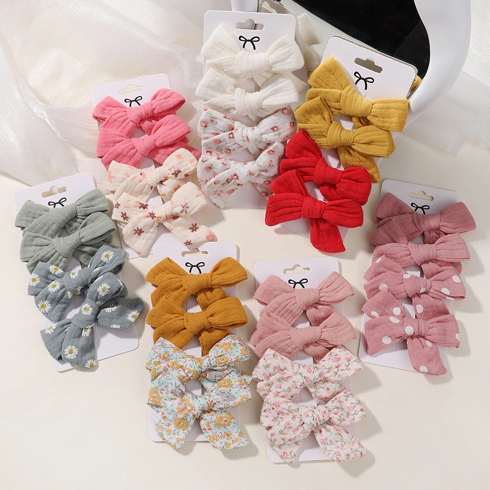 Muslin Baby Girls Bows Hair Clips Hairpins Hairclip 4PCS/Set For Kids Cotton Linen Barrette Flower Print Side Pin Accessories hair clips hair accessories