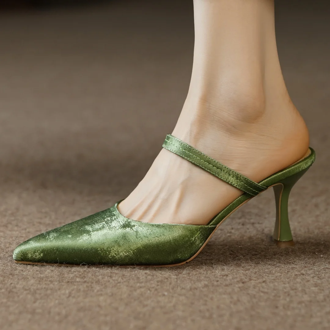 

Women's genuine leather thin high heel pointed toe slip-on summer mules elegant ladies slim daily dress sandals shoes for woman