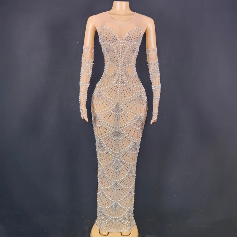 

Full Pearls Rhinestones Long Dress Women Singer Party Celebrate Costume Stage Performance Evening Dresses Festival Outfit XS7379
