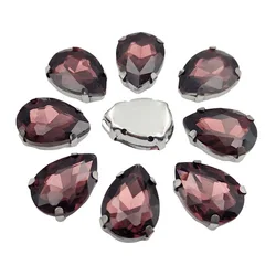 Elegant Teardrop Glass Rhinestones with Silver Metal Claw Base for Needlework Decoration (Wine Red)