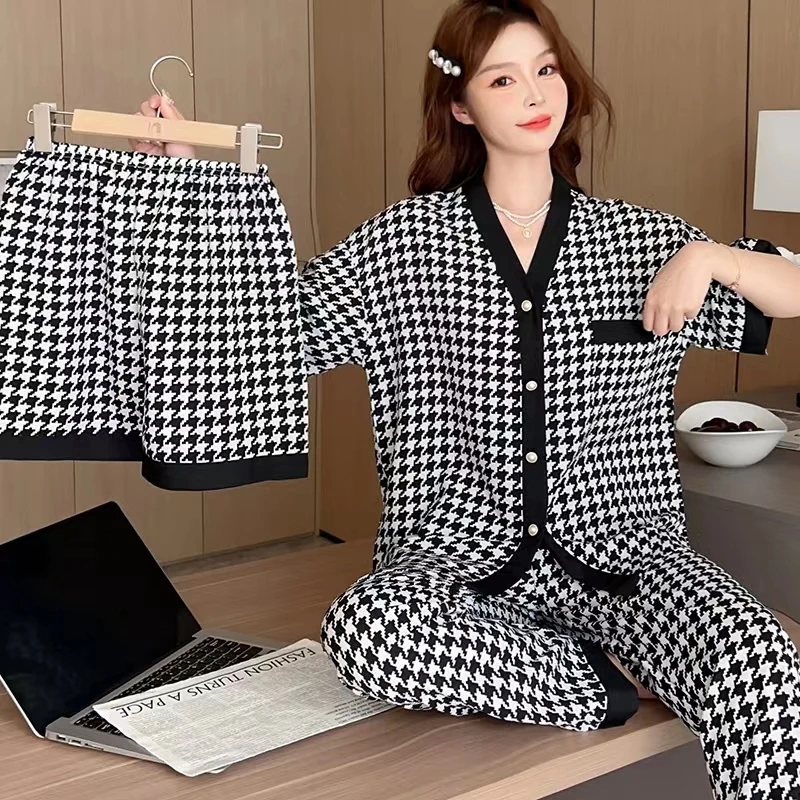2024 Spring/Summer Wall Cotton Pajamas Women's Cardigan V-Neck Front Button Little Fairy Tulip Three Piece Home Suit Plaid Set