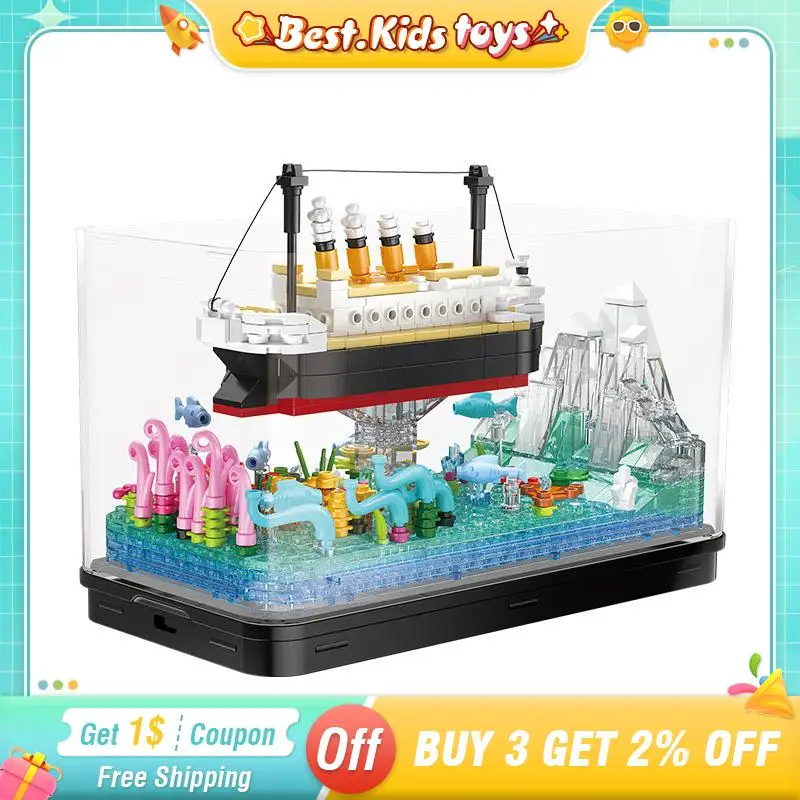 

MOC Pirate Ship Fish Tank Ornaments Micro Building Blocks With Lights Ocean City View Boat Sailboat Set Assembly Bricks Toys