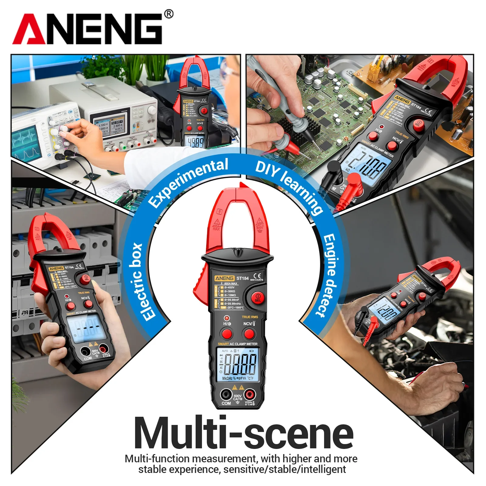 ANENG ST184 디지털 클램프 미터 600A AC/DC 전류 측정 6000 카운트 다기능 휴대용 전기 측정기