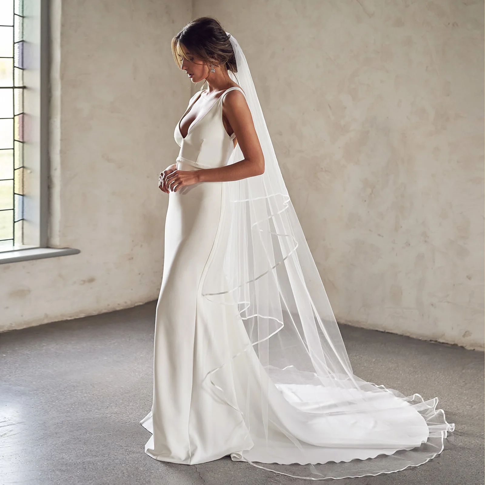 Wedding Veil Ribbon Edge 2 Tier bridal veil Wedding Cathedral Length Cover Front and Back Soft Italian Tulle Veil V97