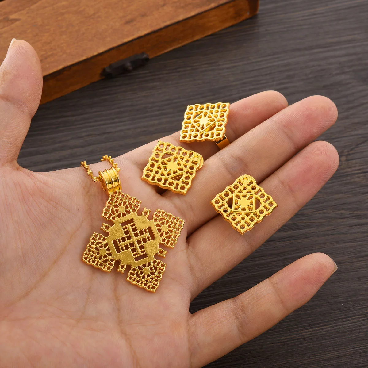 Ethiopian Golden Color Cross Jewelry Sets Pendant Earrings Rings African