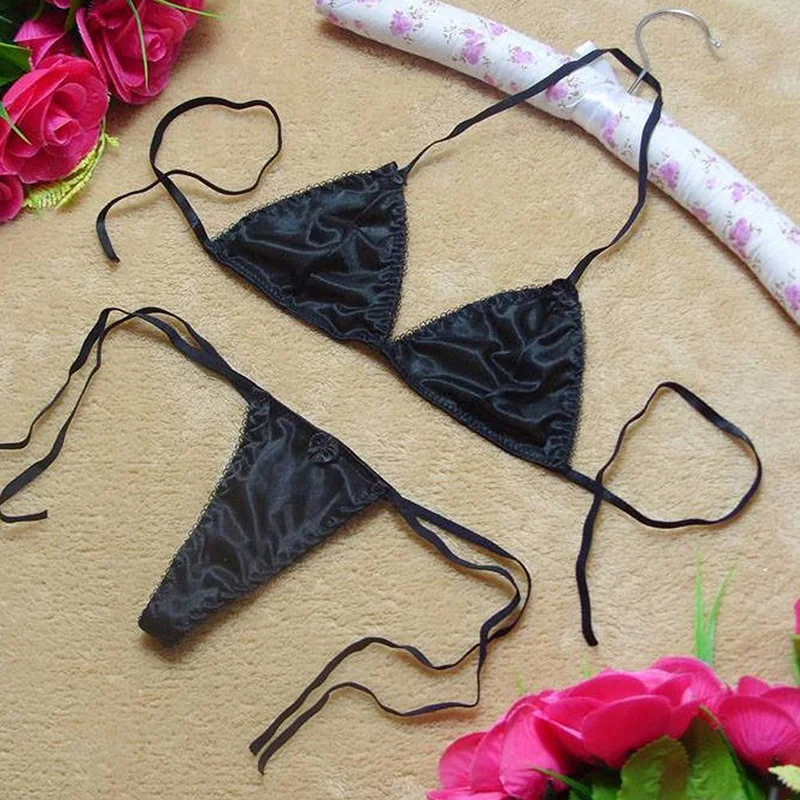 

Women bra Set Sexy Erotic Satin Silk Underwear Seamless Bra Thongs Set Thin Shoulder strap Bralette Panty 2 Pieces Lingerie Sets