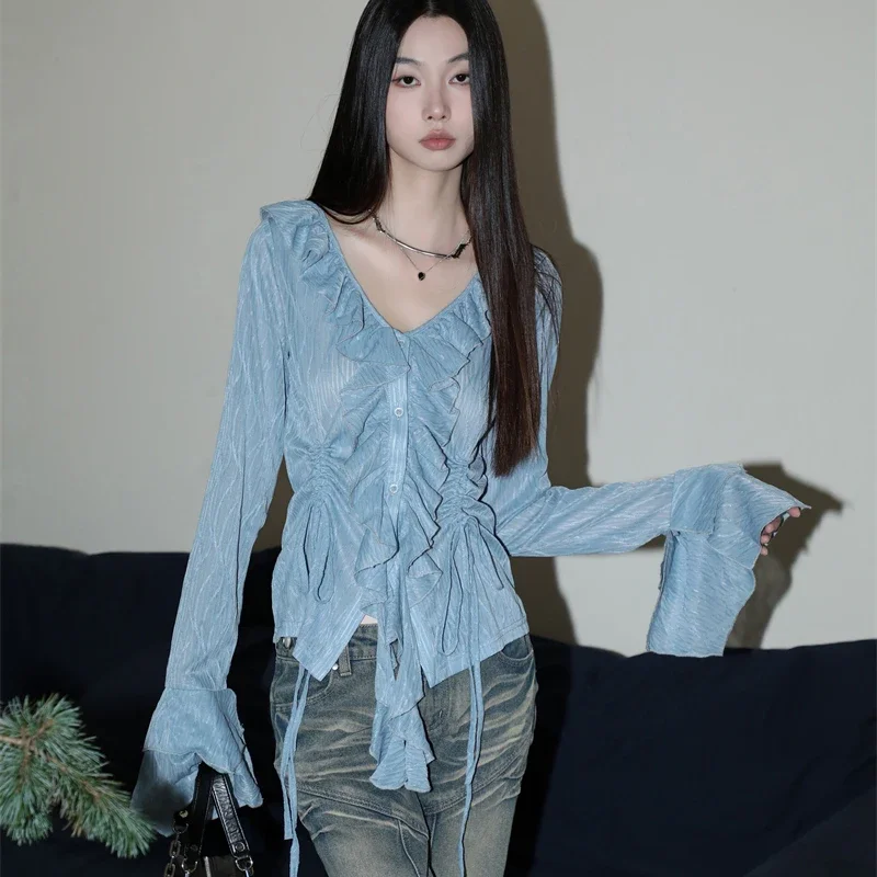 한국 블루 플레어 긴팔 여성 셔츠, 레이스업 프릴, 세련된 여성용 블라우스, 폴드 단추, V넥 패션, 새로운 여성 크롭탑