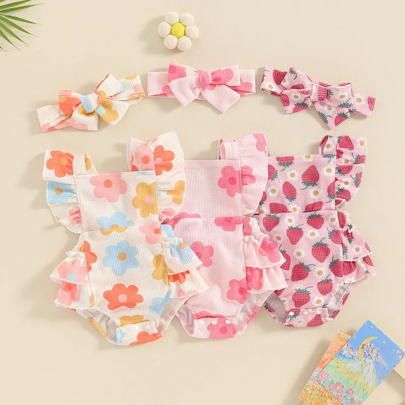 

Baby Girls Summer Romper Flying Sleeve Tiered Ruffle Floral Romper with Headband