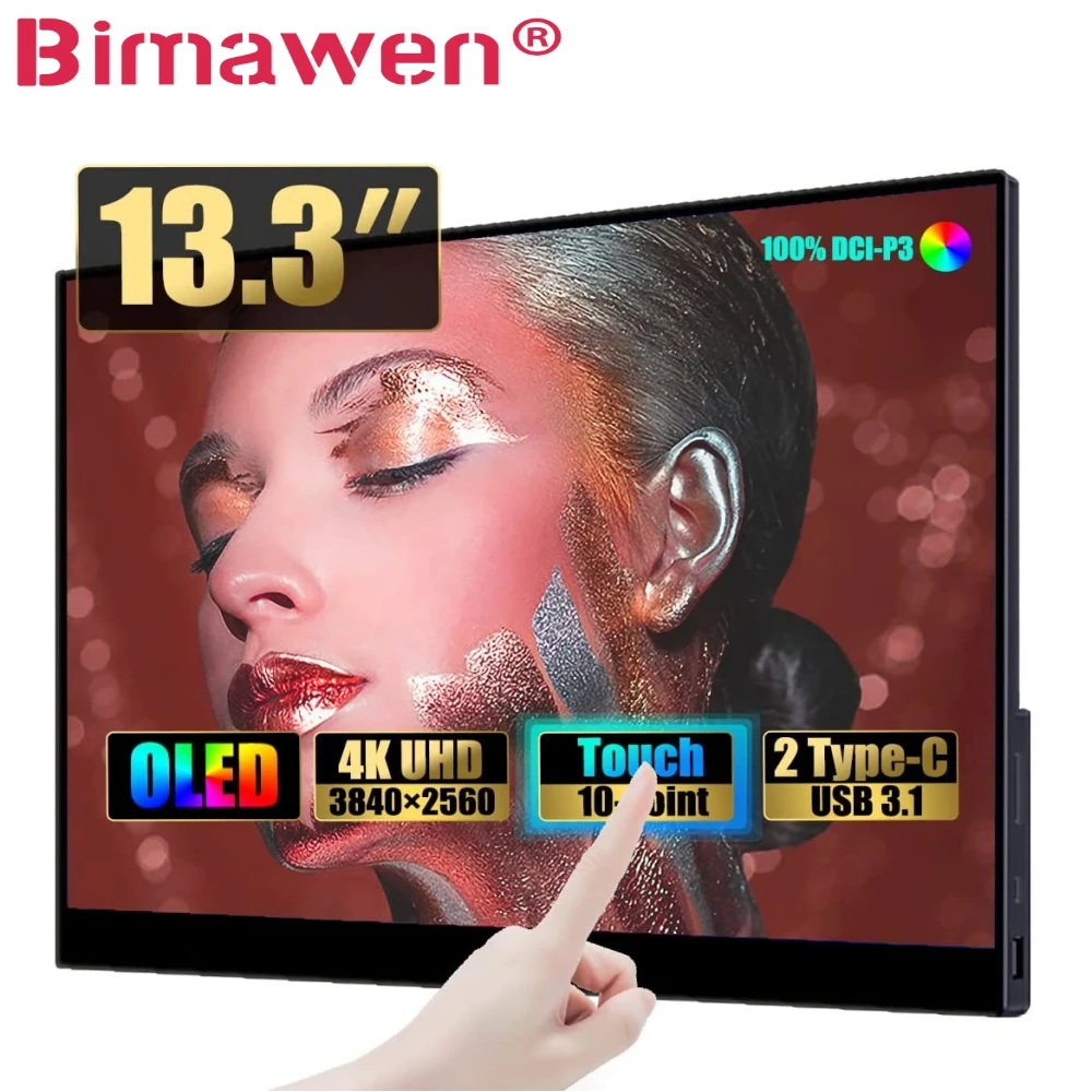 Bimawen Oled 4K Touch Monitor Portatile Touchscreen Oled Da 13.3 Pollici Con Altoparlante Con Supporto Integrato Da 4Mm A 10Mm Di Spessore 60Hz 400 Ni