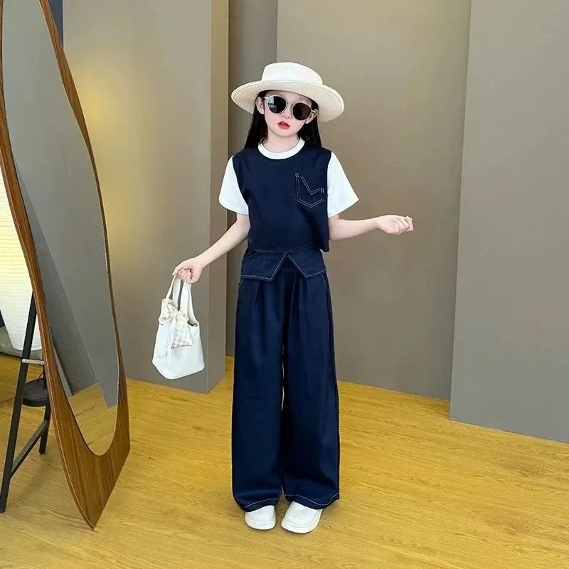 여름 십대 소녀 의류 어린이 O-넥 티셔츠와 스트레이트 레그 팬츠 세트 학생 캐주얼 반팔 상의 하의 의상