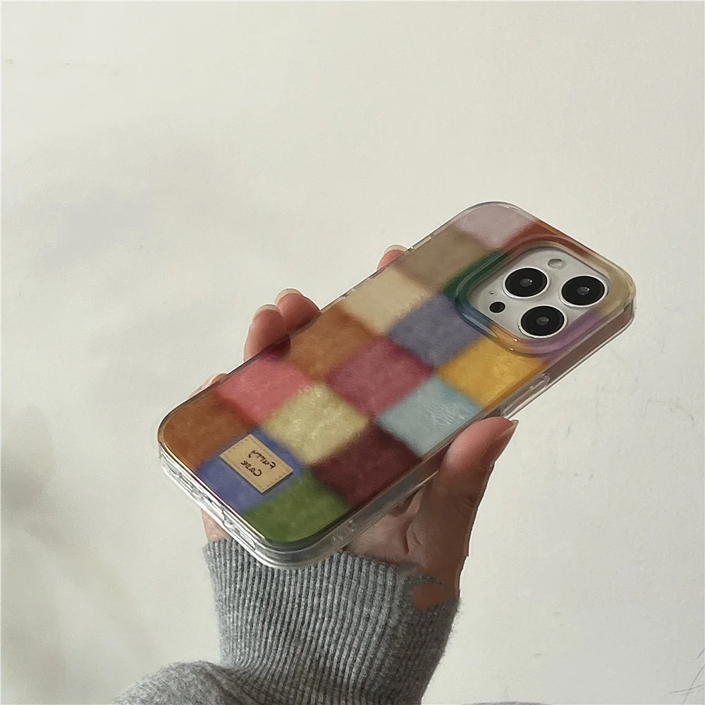Ins Cute Dopamine Color Block Plaid Feather Phone Case