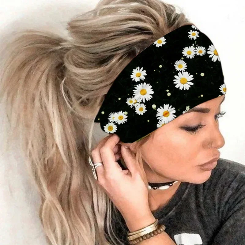 Sports Headbands Flower Print Women Headband Wide Sports Yoga Sweatband Elastic Stretch Hairband Headwear Boho Turban Hair Accessories
