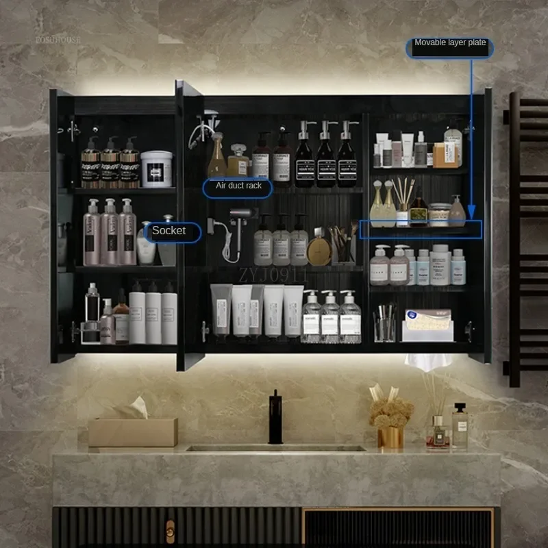 Modern Black Stainless Steel Bathroom Cabinet Wall Mounted Smart Demisting Bathroom Mirror Cabinets Mirror Storage Rack