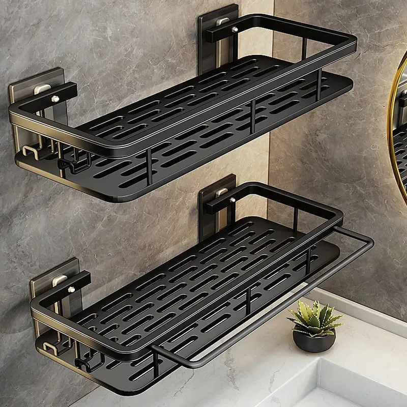 Aluminum Bathroom Shelves Wall Towel Rack Mounted Shower Caddy No Drilling Shower Organizer Bathroom Storage Accessories towel rack