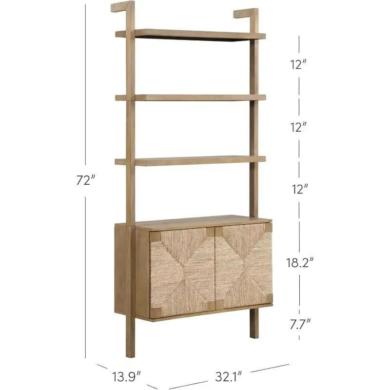 with Storage Cabinet, Beacon 3-Shelf Solid Wood Bookshelf, Bohemian Wall Mounted Shelf with Seagrass Door Fronts 3