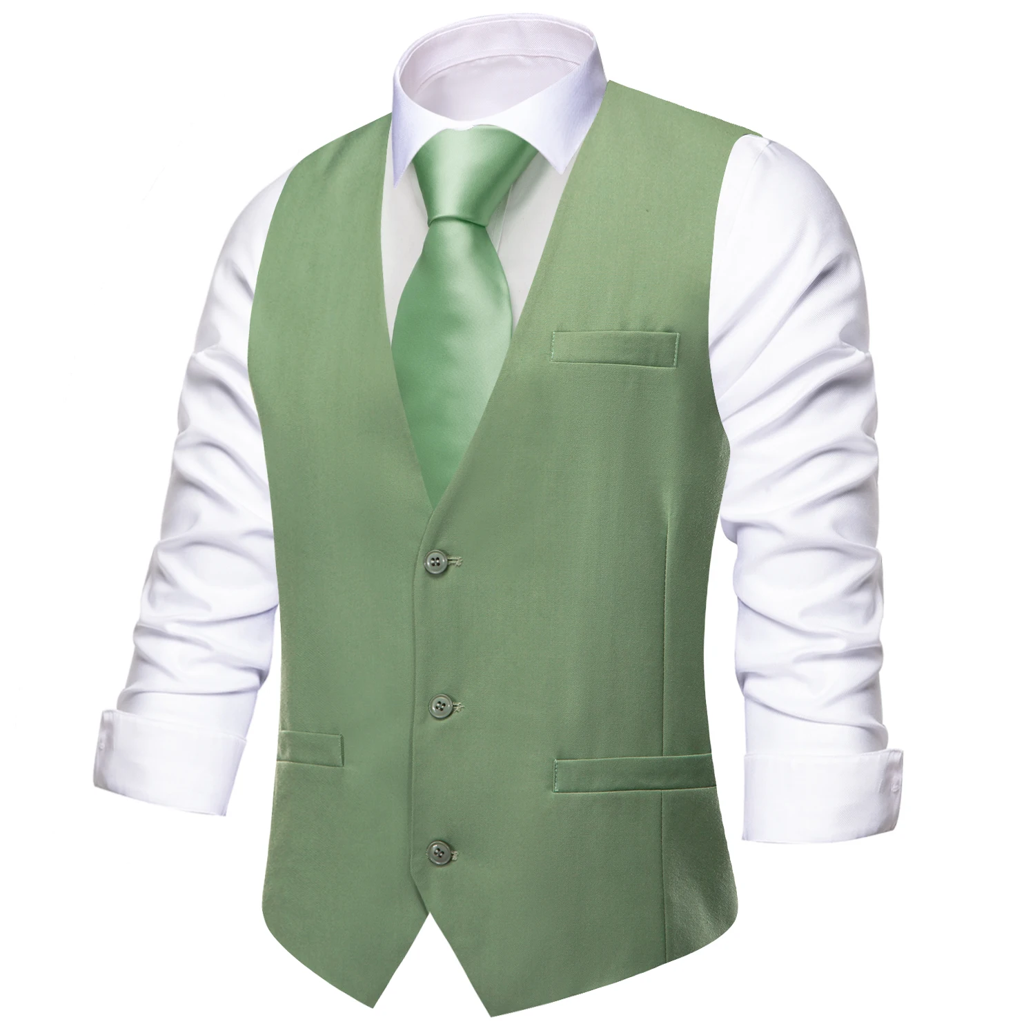Hi-Tie Silk Men Vest Leaf Green Wedding Solid Waistcoat Neck Tie Hanky Cufflinks Slim Set for Male Business Party Designer Gifts