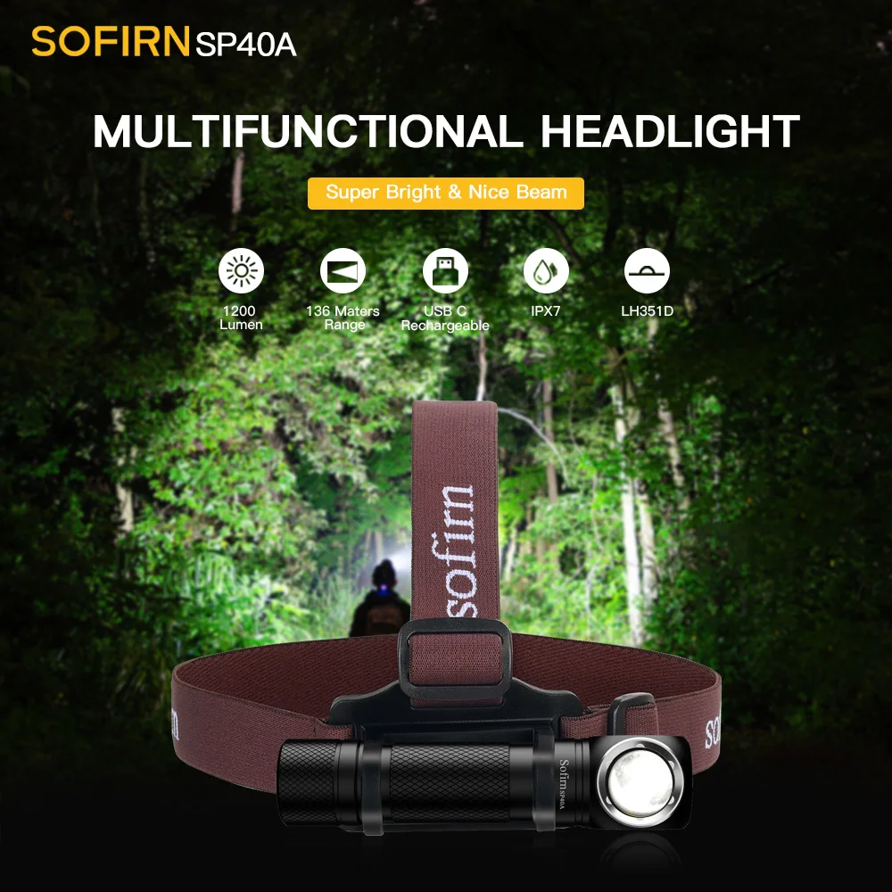 Head Lamp Sofirn SP40A TIR Optics Lens Headlamp LH351D LED 18650 USB Rechargeable 1200lm Torch with Magnet Tail Cap