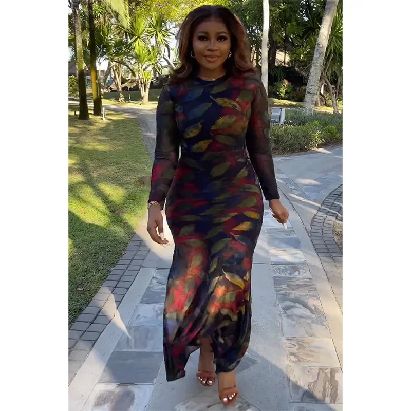 thumbnail image 1 of Plus Size Women's Long Sleeve Dress Bodycon Print Casual Round Neck Streetwear Vintage Slim Chic Female New Fashion Long Dress, 1 of 4
