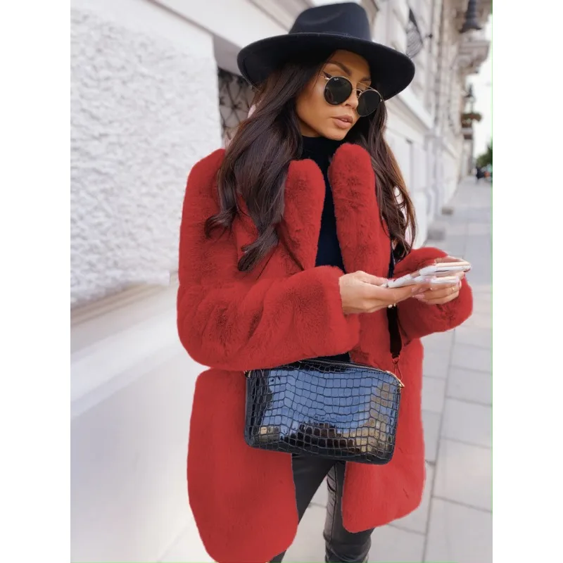 2023 European American Temperament Commuter Long Sleeve Lapels Imitation Fur Coat Solid Color Warm Plus Size Fur Overcoat