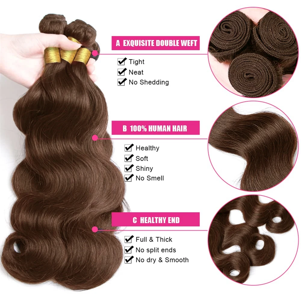 Body Wave Bundles with Closure #4 Brown Colored 3PCS Human Hair Extension 100% Unprocessed Human Hair Weave Bundles With Frontal