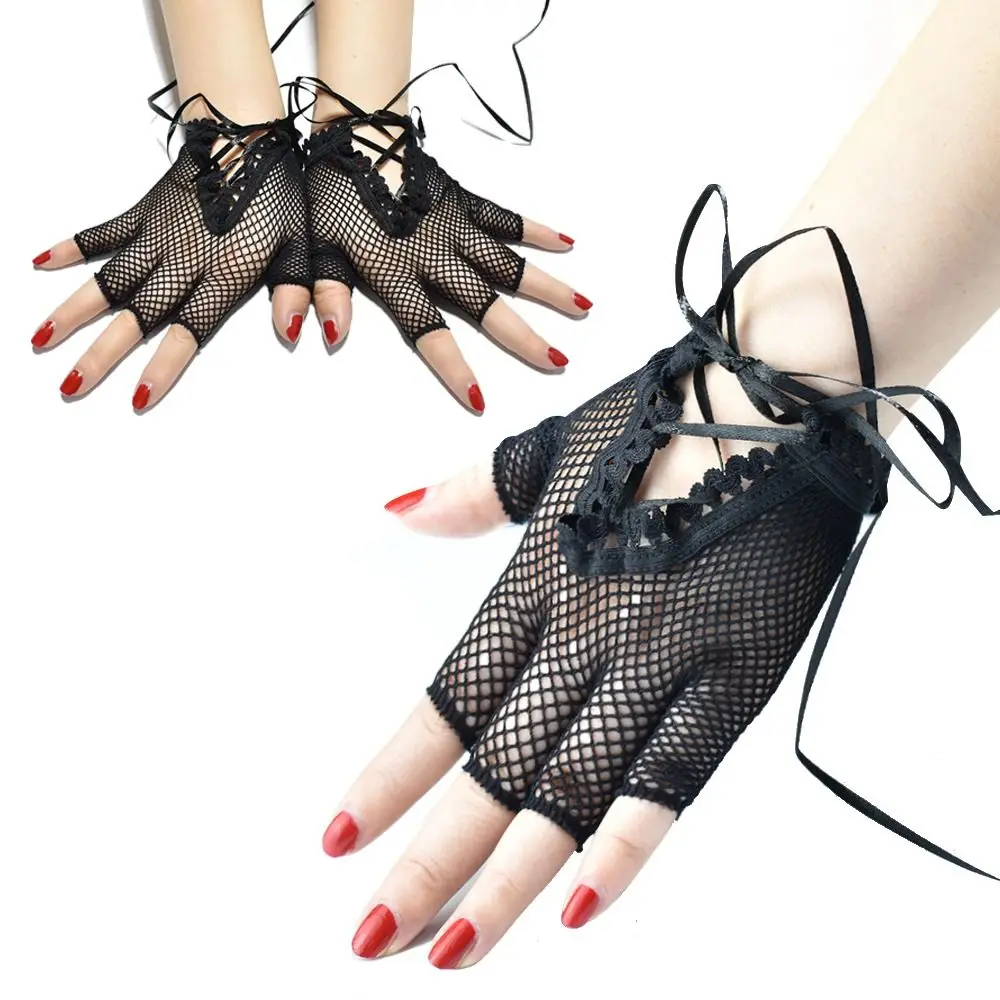 

2Pairs Short Fishnet Net Gloves Fancy Half-finger Punk Disco Mittens Black Gothic Clubwear Mitten Club Party
