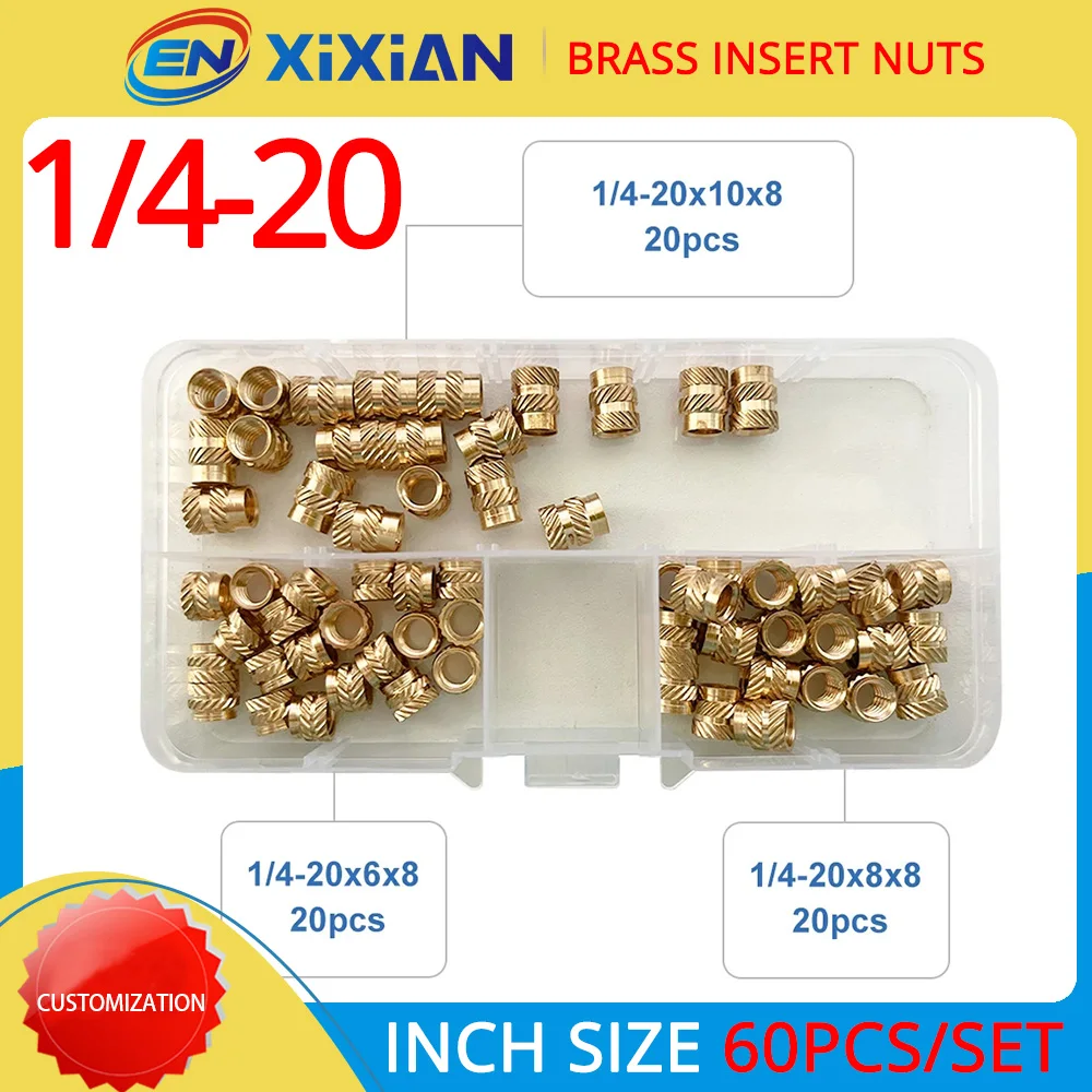 60PCS/set 1/4 20 Inch Size Threaded Heat Insert Nut Brass Knurled Hot