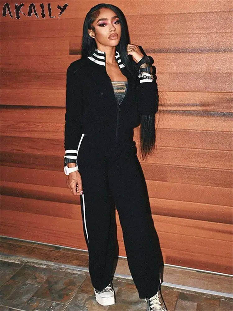 

Akaily Streetwear Black Panelled 2 Two Piece Sweatsuits Women 2023 Fall Winter Stand Collar Zipper Top Causal Sporty Pants Set