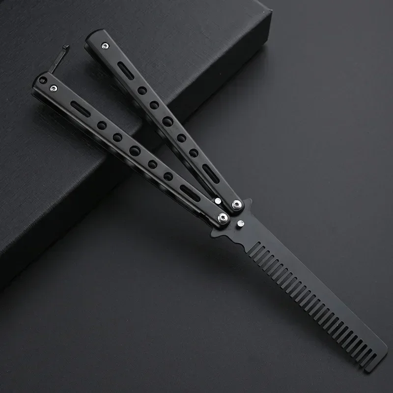 Foldable Comb Stainless Steel Practice Training Butterfly Knife Comb Beard Moustache Brushe Salon Hairdressing Styling Tool 6
