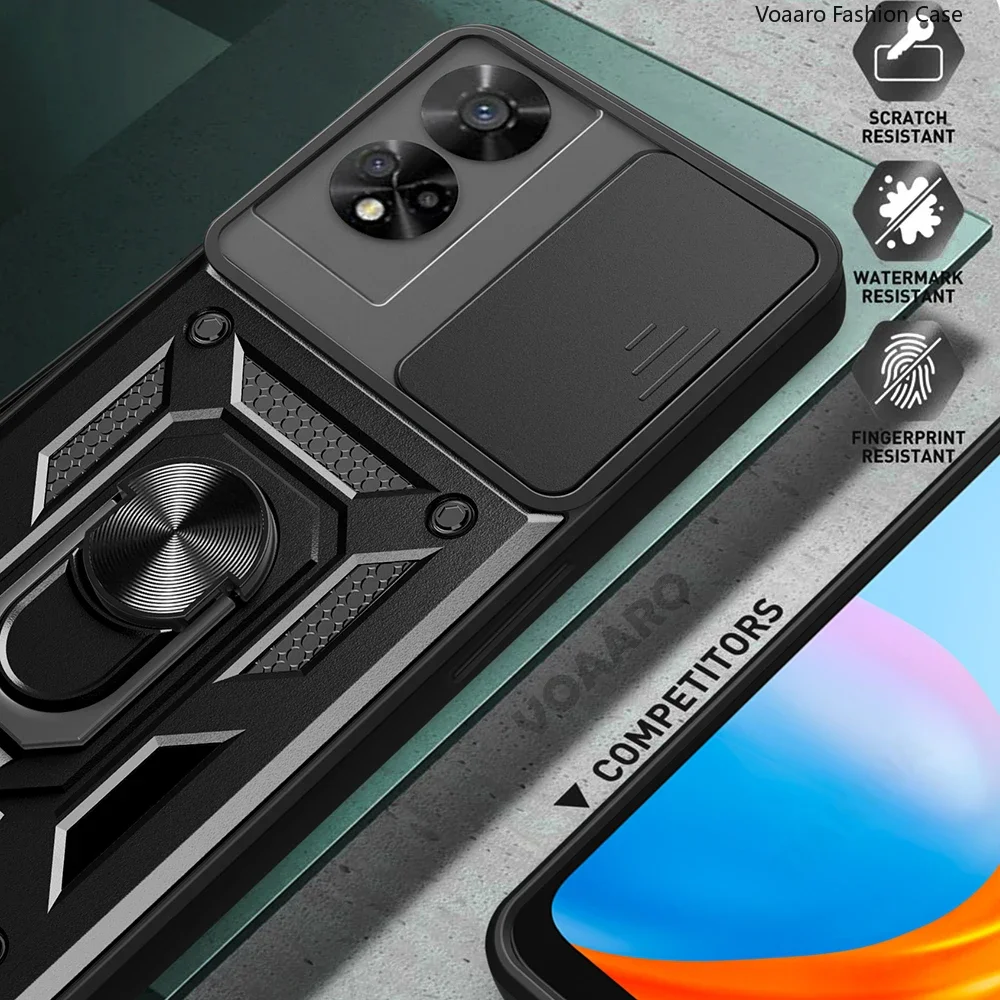 Protective Armor Case Cover with Slide Lens Camera Protection and Magnetic Ring Stand Holder