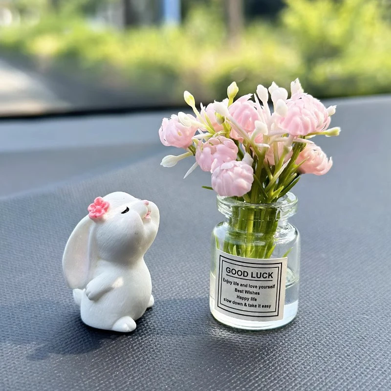 Charming Rose Flower Vase and Rabbit Car Decoration Ornaments