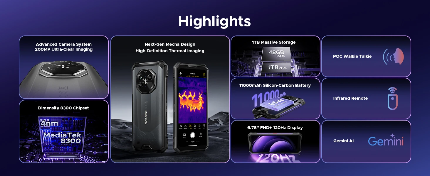 DOOGEE S300 Plus Thermal 5G Rugged Phone Thermal Imaging Dimensity 8300 6.78" 200MP AI Camera 48GB(12+36) RAM 1TB ROM 11000mAh Battery Android 16 66W Fast Charging Smartphone