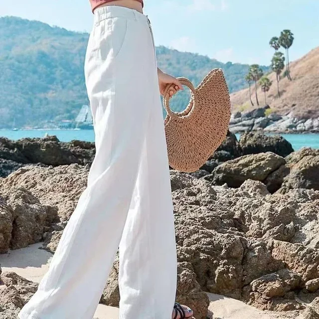 Pantaloni larghi estivi in cotone e lino da donna Pantaloni eleganti a vita alta bianchi a gamba larga da donna Pantaloni larghi dritti casual da donna 2