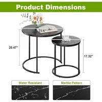 Coffee Table Nesting Black Set of 2 Side - Black Frame and Round Black Marble Wood Table, Industrial End Table Side . 2