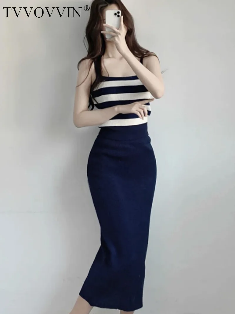 

WOMENGAGA Korean Style Slim Sexy Contrast Stripe Camisole+high Waist Dress Knitted Two-piece Women Fashion New 2023 MEDB