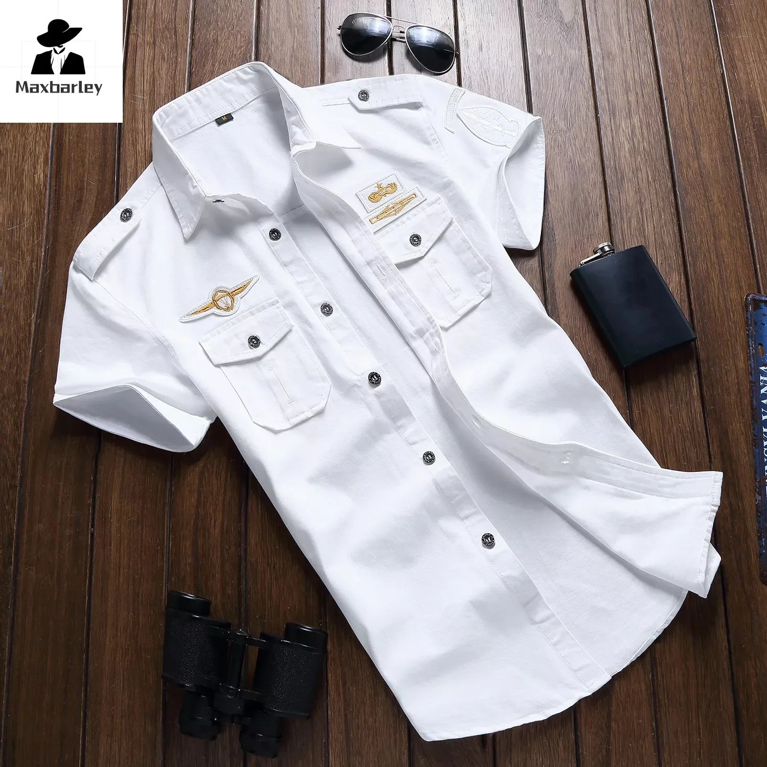 

2024 new badge Shirt Men work Short sleeve Summer Tops Solid color High quality 100% Cotton Pocket 5XL Plus size Man Clothes