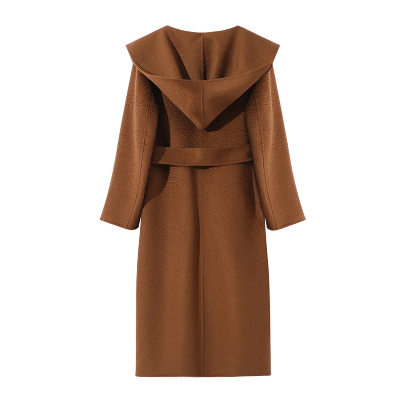 100% Wool Women's High-end Thickened Woolen Coat Coat With Belt Solid Color Long Sleeve Outerwear Ladies With a hat Overcoat