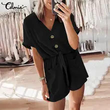 

2022 Celmia Summer Women Sexy Jumpsuits Fashion V Neck Short Sleeve Solid Short Rompers Pockets Casual Bandage Party Overalls
