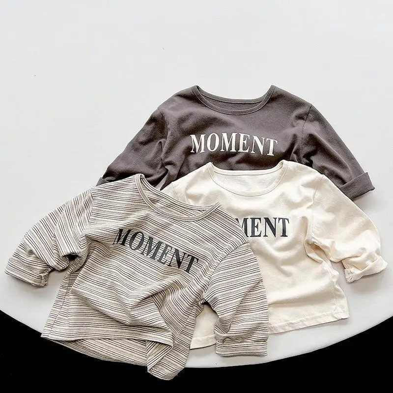 

2023 New Spring Children Long Sleeve T Shirts Girls Casual Striped T Shirts Fashion Letter Print Boys T Shirts Baby Cotton Tops