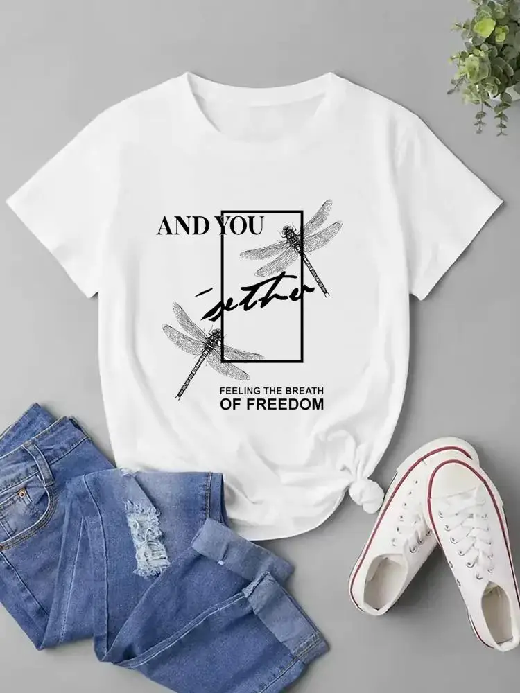 

Dragonfly Lovely Letter Short Sleeve Clothing Fashion O-neck T Shirt Graphic T-shirts For Women Print Tee Top Womens Clothes