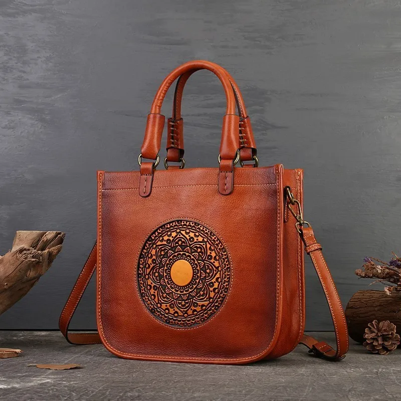 

Johnature Handmade Genuine Leather Women Bag 2024 New Versatile Handbag Retro Totem Embossed Shoulder Bags