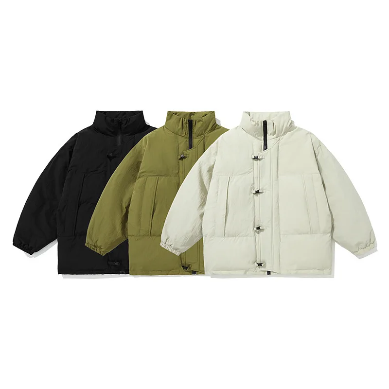 Winter Style Buckle Decoration Stand Collar Cotton Jacket Japanese Vintage Back Embroidery LOGO Loose Cotton Jacket Men