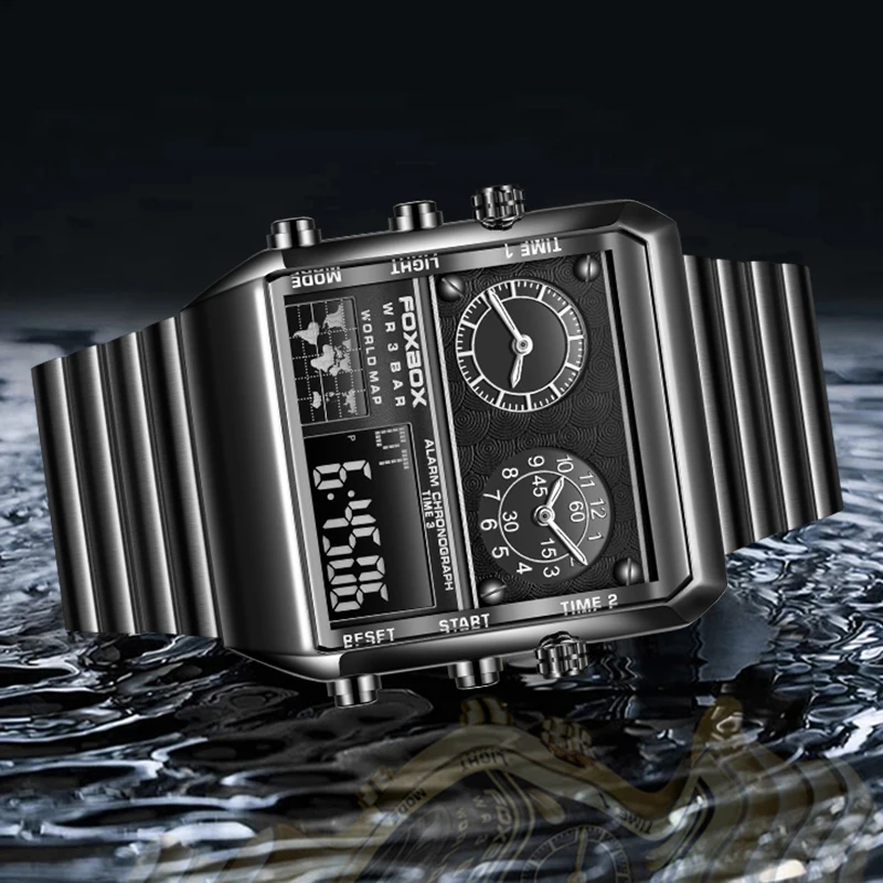 New Original FOXBOX Luxury Square Stainless Steel Men's Digital Wristwatch Fashion Business Waterproof Luminous Watches For Men