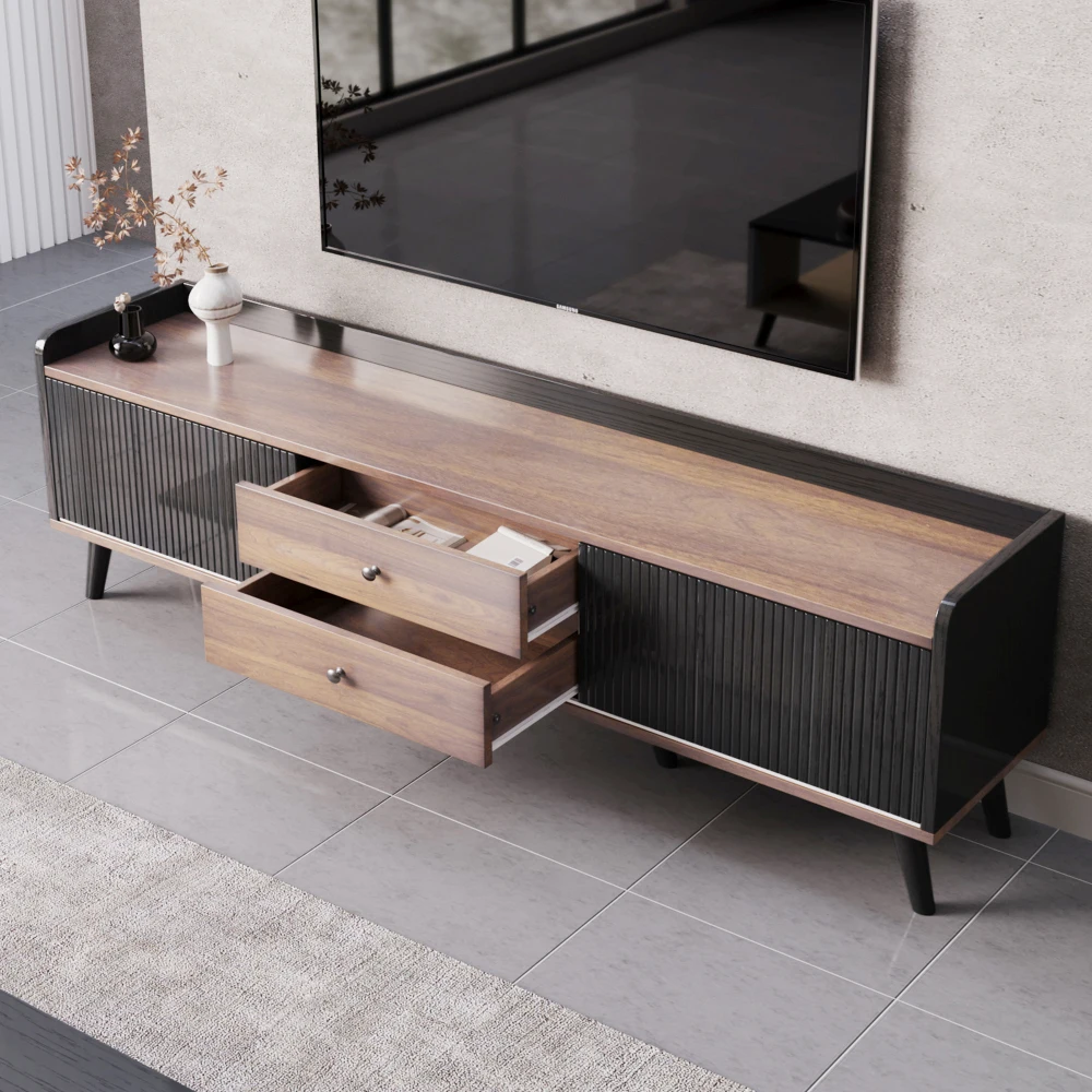 PINGGO 160 x 40 x 58 cm TV-Schrank mit 2 Schubladen und 2 Schiebetüren, schwarzer TV-Ständer in natürlicher Holzfarbe für das Wohnzimmer – Detail 9