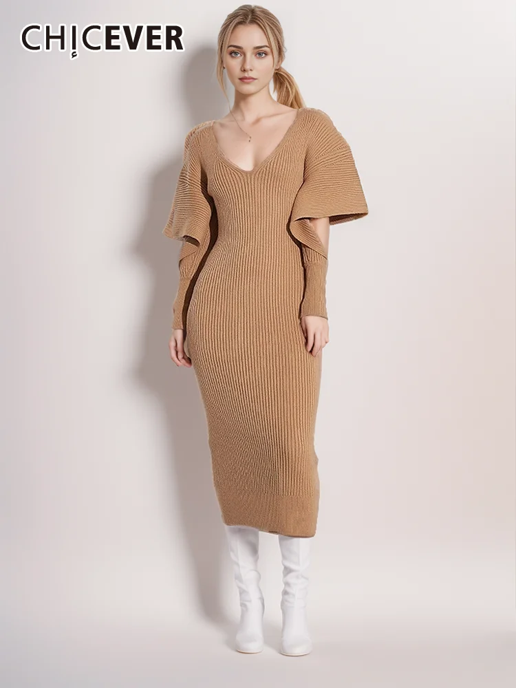 

CHICEVER Solid Hollow Out Slimming Dresses For Women V Neck Long Sleeve High Waist Casual Minimalist Knitting Midi Dress Female