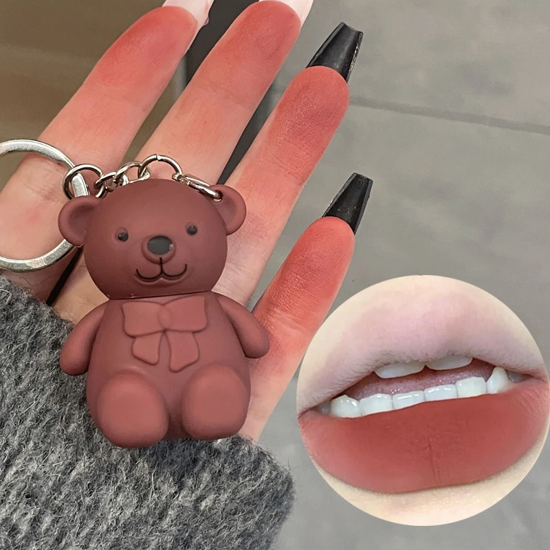 Cute Bear Portachiavi Matte Velvet Lipglaze Waterproof Lasting Lip Gloss Silky Smooth Liquid Lipstick Sexy Women Makeup Cosmetics