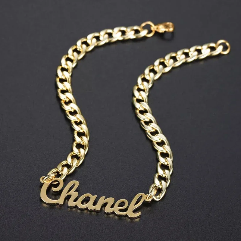 Classical Personalized Custom Name Bracelet Stainless Steel Handmade Cuban Gold Chain Logo Engraved Name Bracelet Women Jewelry